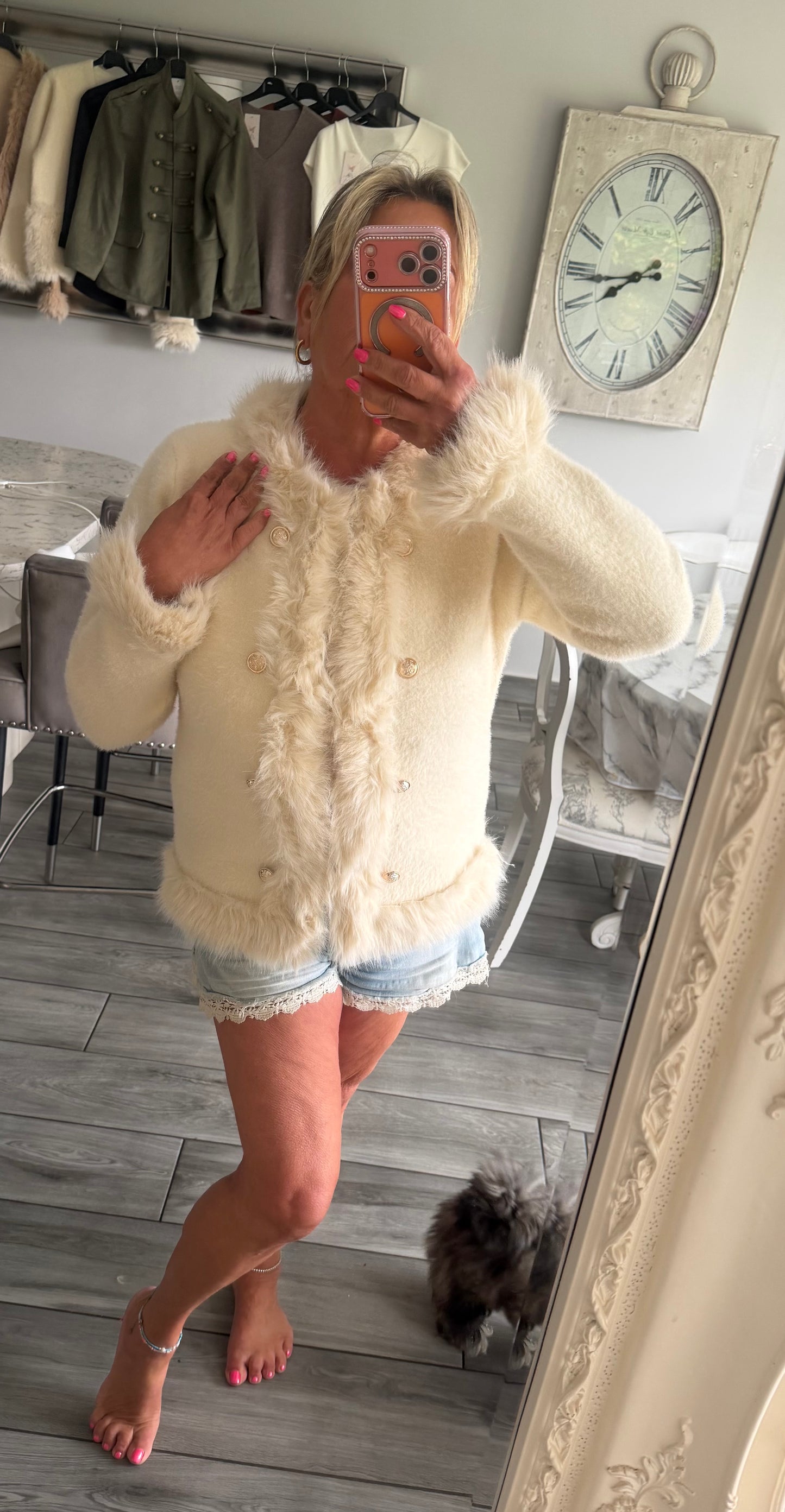 Giselle faux fur trim gold buttons cardi/jacket hook & eye closure
