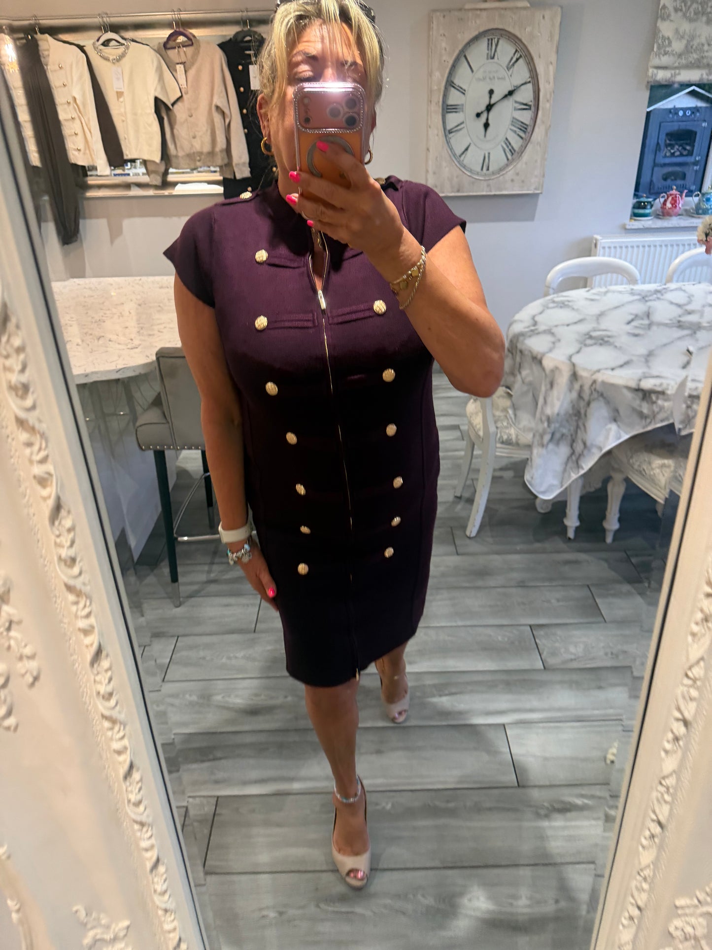 Cindy dress with full zip stretch military style gold button detail