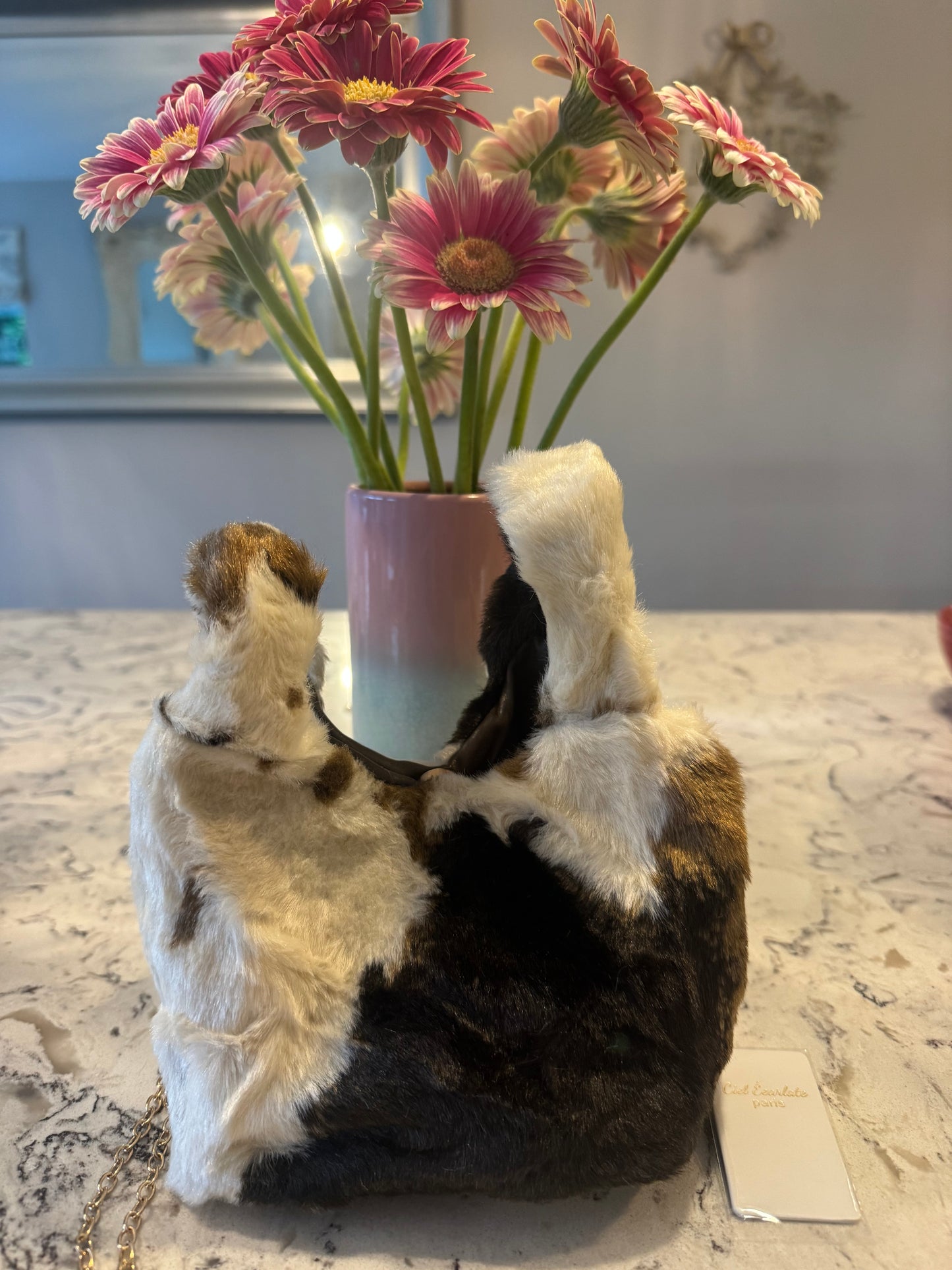 Dionne small flat faux fur bag with gold chain shoulder strap