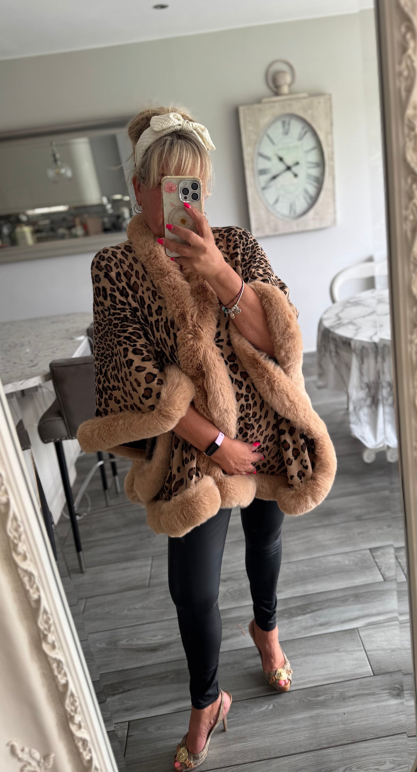Isla leopard print with soft faux fur trim poncho style cape with fastening