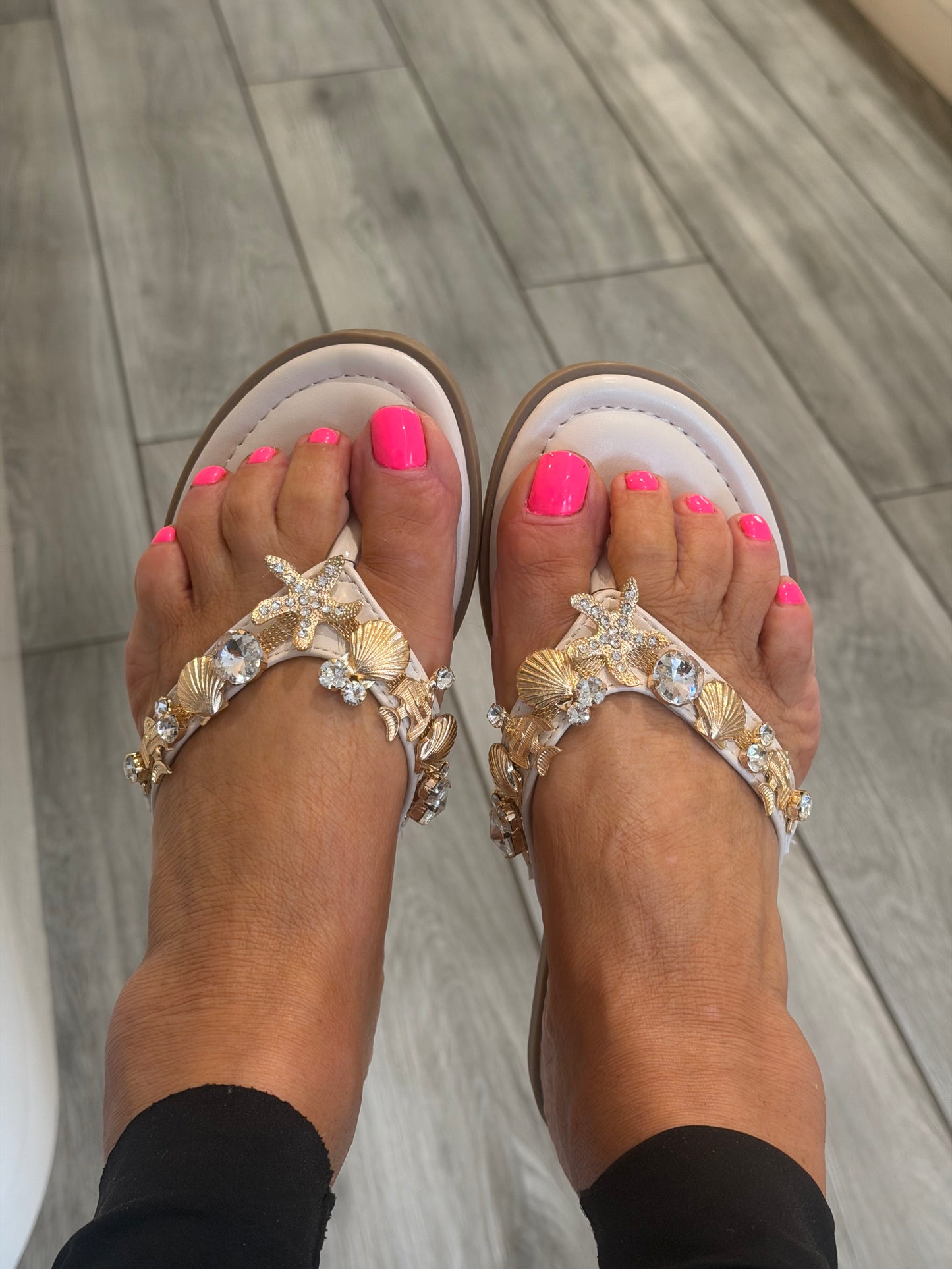 Madrid pretty flip flops gold embellish charms