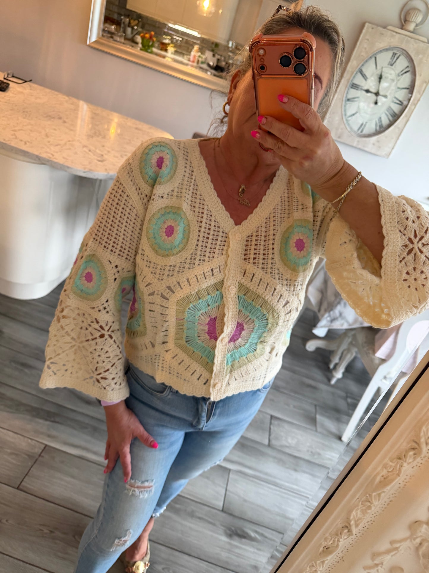 Carla wide sleeve crochet button through top/cardi 100% cotton