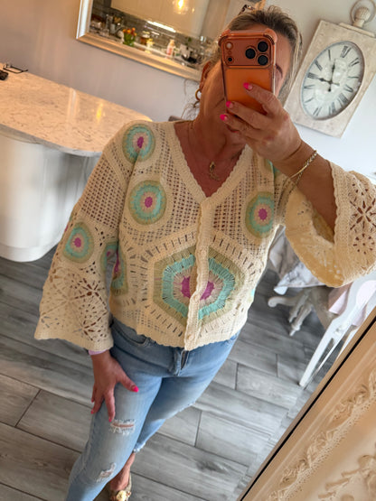 Carla wide sleeve crochet button through top/cardi 100% cotton