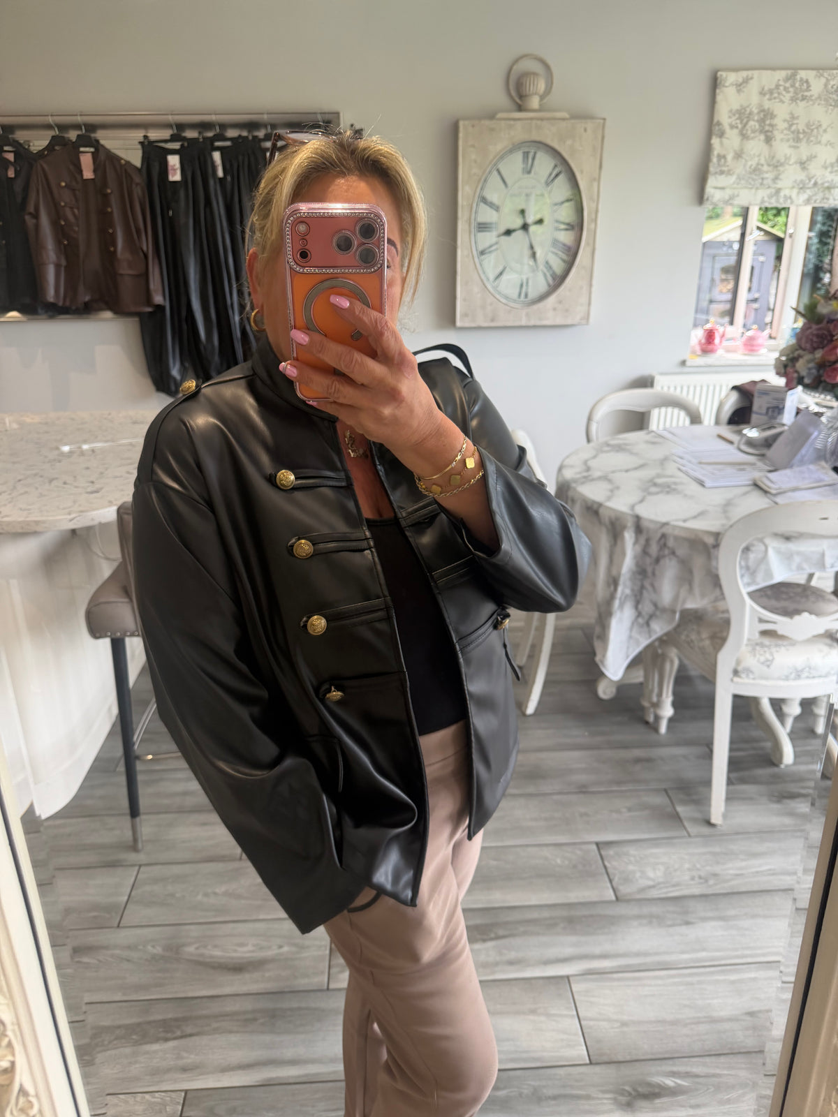 Suzie military style faux leather open jacket