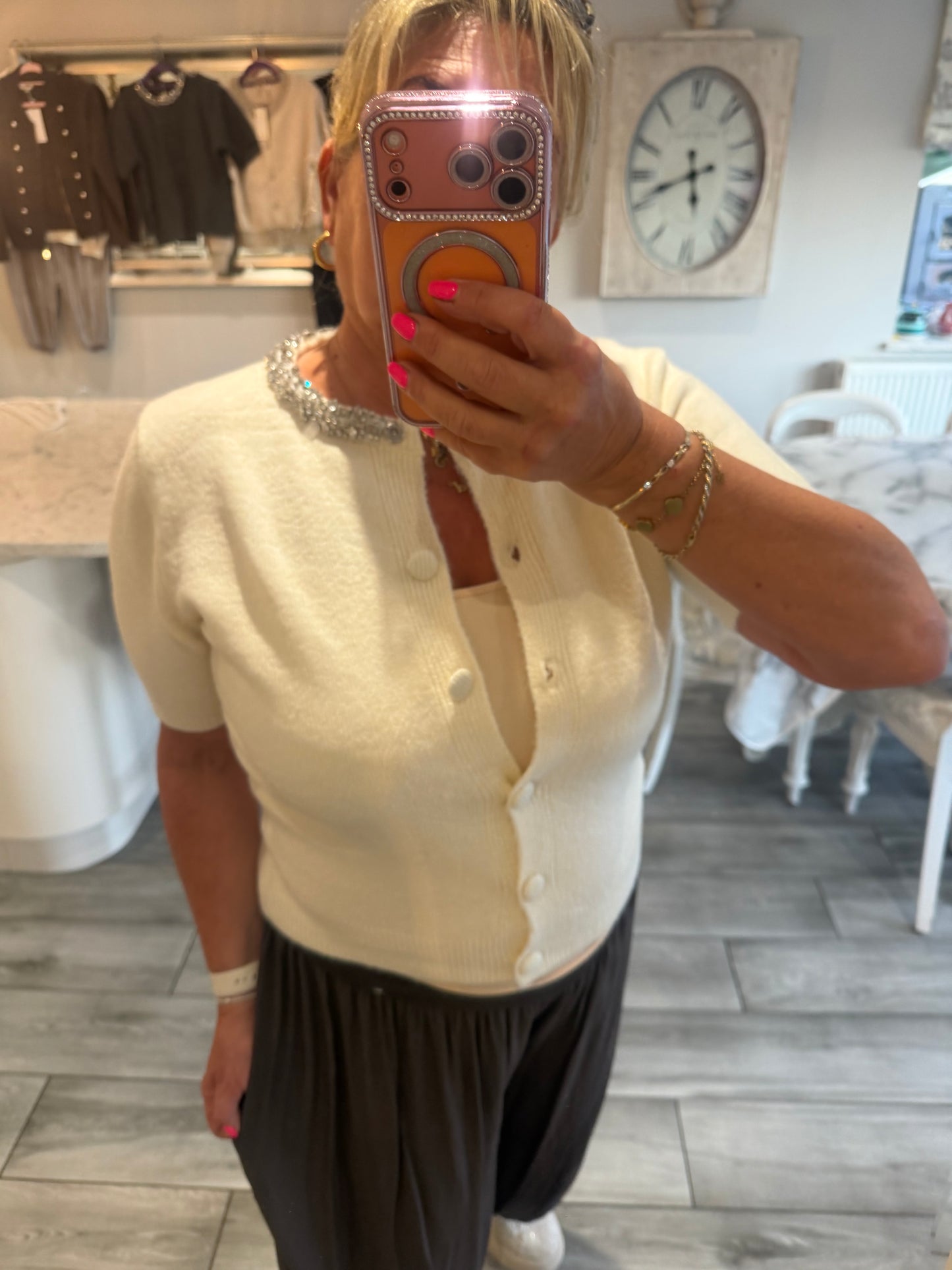 Monica crystal neck encrusted detail short sleeve cardigan/jumper