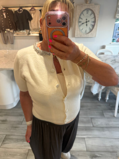 Monica crystal neck encrusted detail short sleeve cardigan/jumper