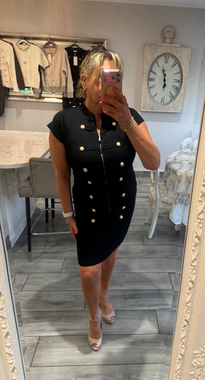Cindy dress with full zip stretch military style gold button detail