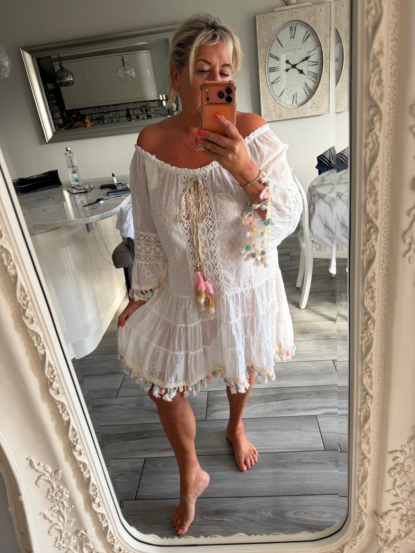 Georgia 100% cotton  Pom Pom detail Bardot dress