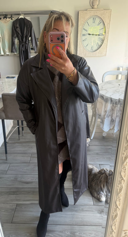 Ruby faux leather chocolate brown coat tie belt