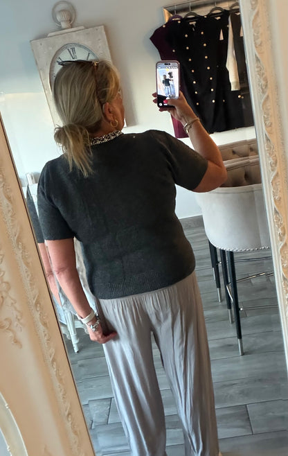 Monica crystal neck encrusted detail short sleeve cardigan/jumper