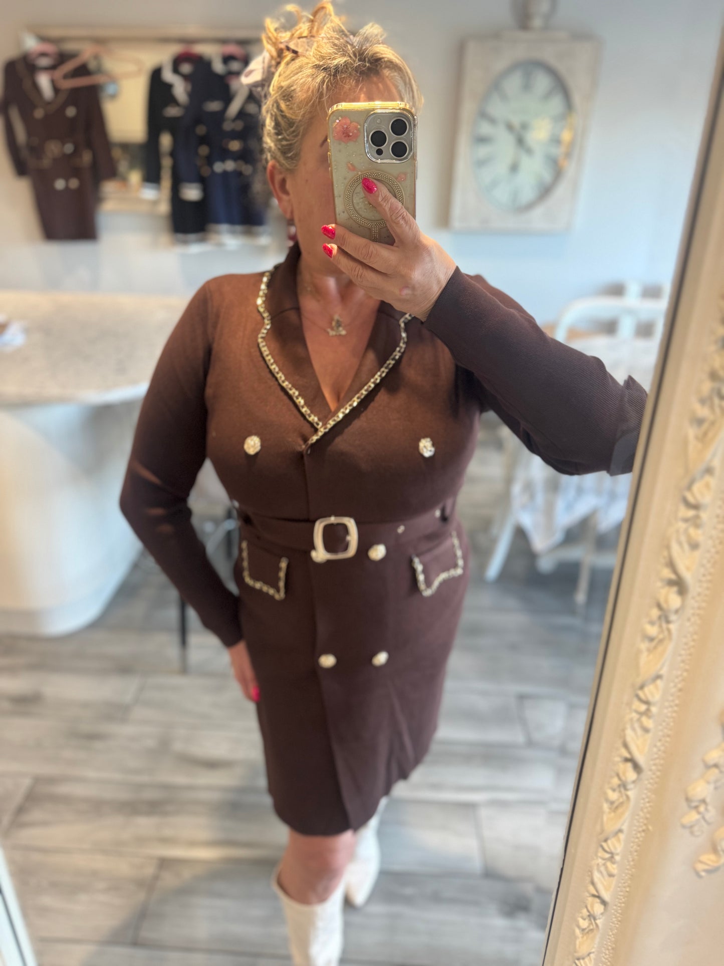 Ella smart short dress gold chanelesque chain detail