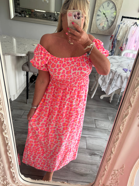 Aurora neon leopard print dress Shirred bust line