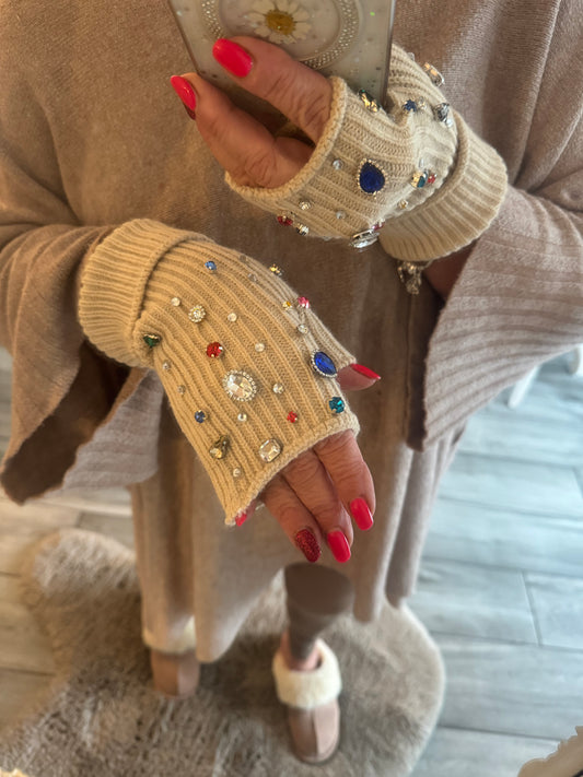 Flossy stunning bling jewelled fingerless mittens