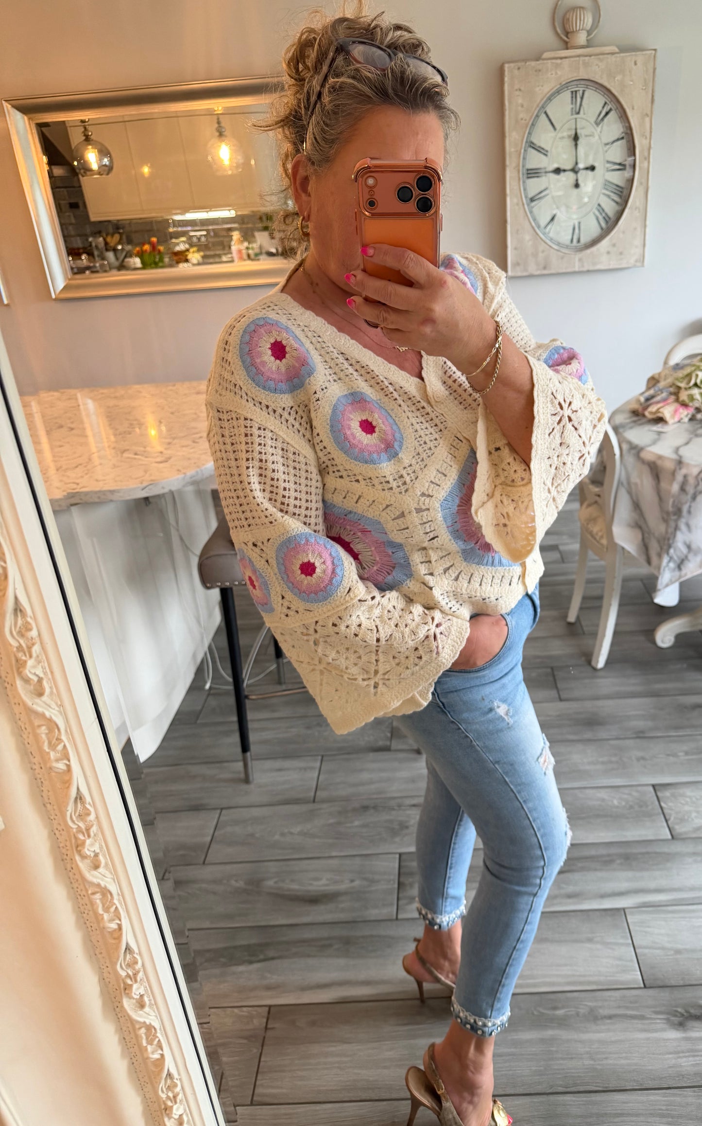 Carla wide sleeve crochet button through top/cardi 100% cotton
