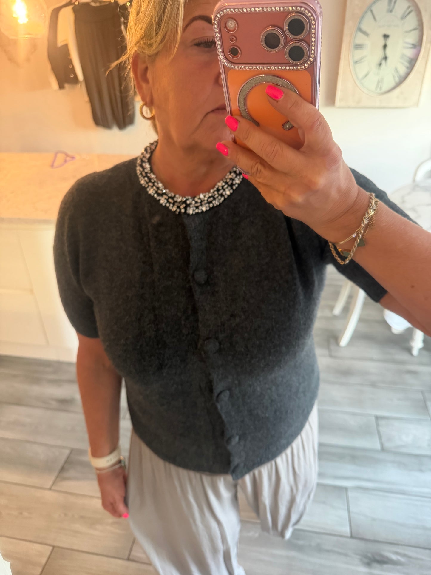 Monica crystal neck encrusted detail short sleeve cardigan/jumper