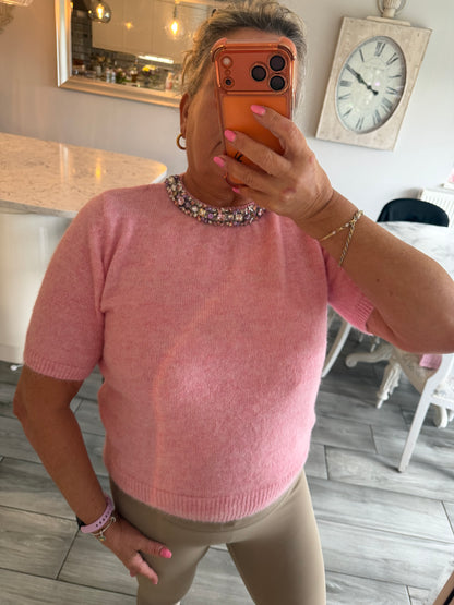 Lucia embellished stunning neck short sleeve short jumper