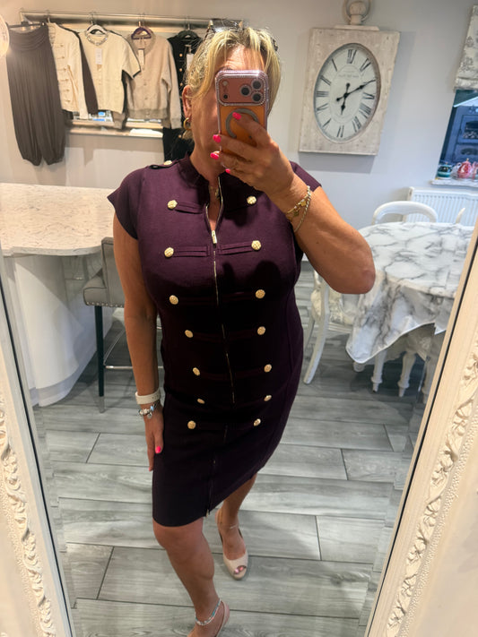 Cindy dress with full zip stretch military style gold button detail