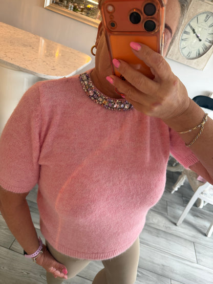 Lucia embellished stunning neck short sleeve short jumper