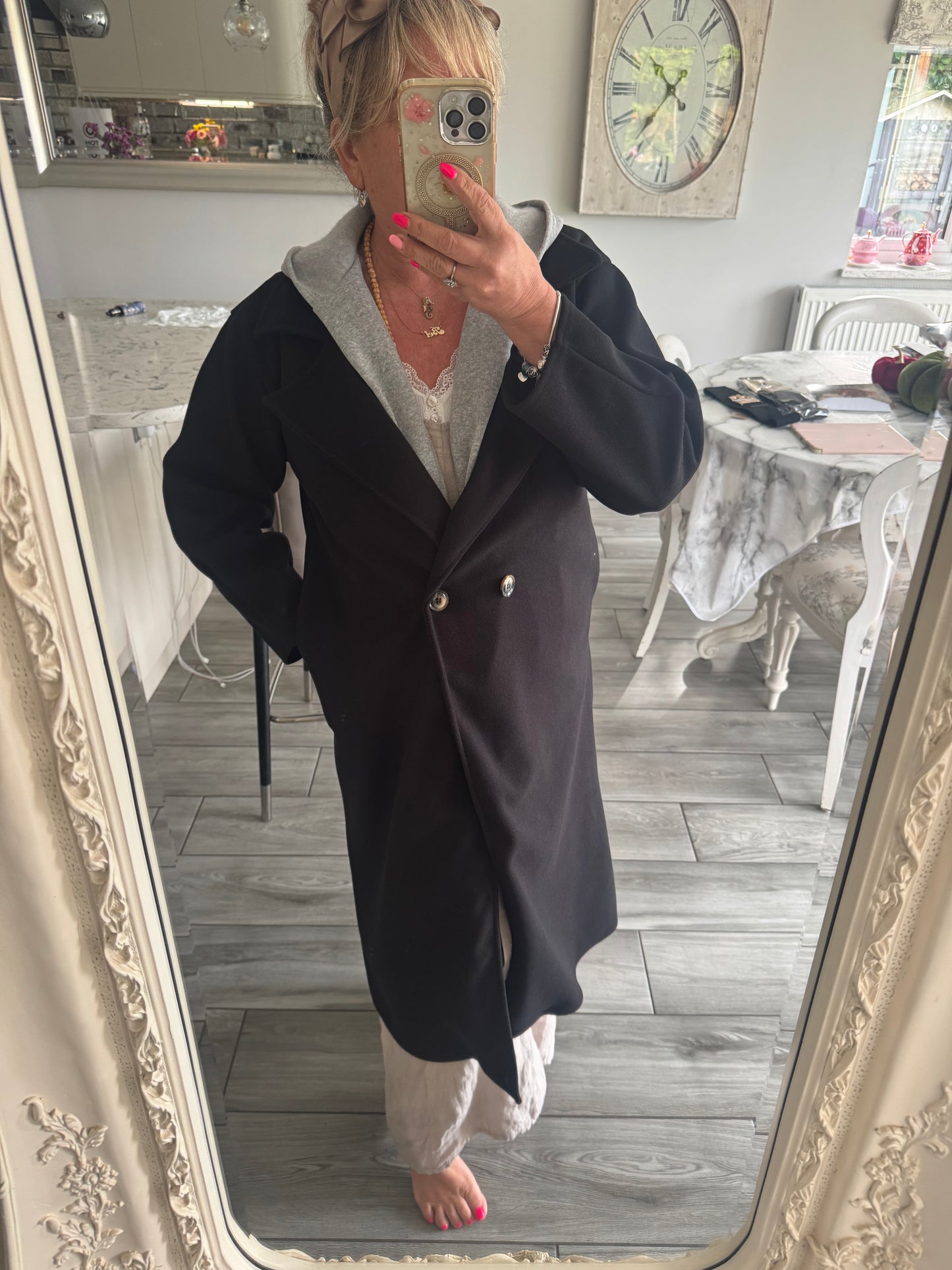 Julie lightweight coat with grey sweatshirt material hoodie