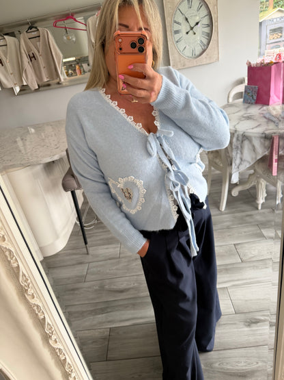 Tilly cardigan with ties and lace detail trim