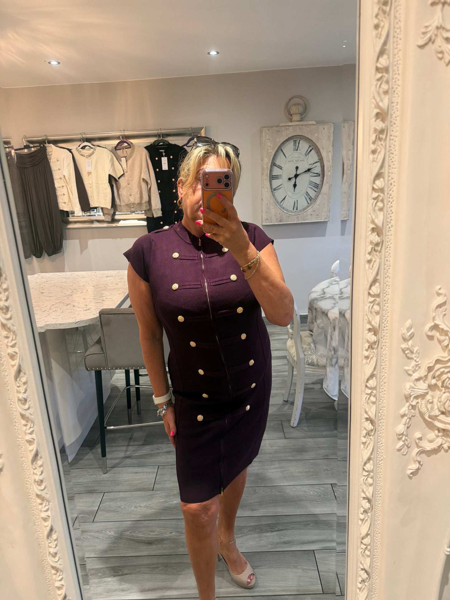 Cindy dress with full zip stretch military style gold button detail