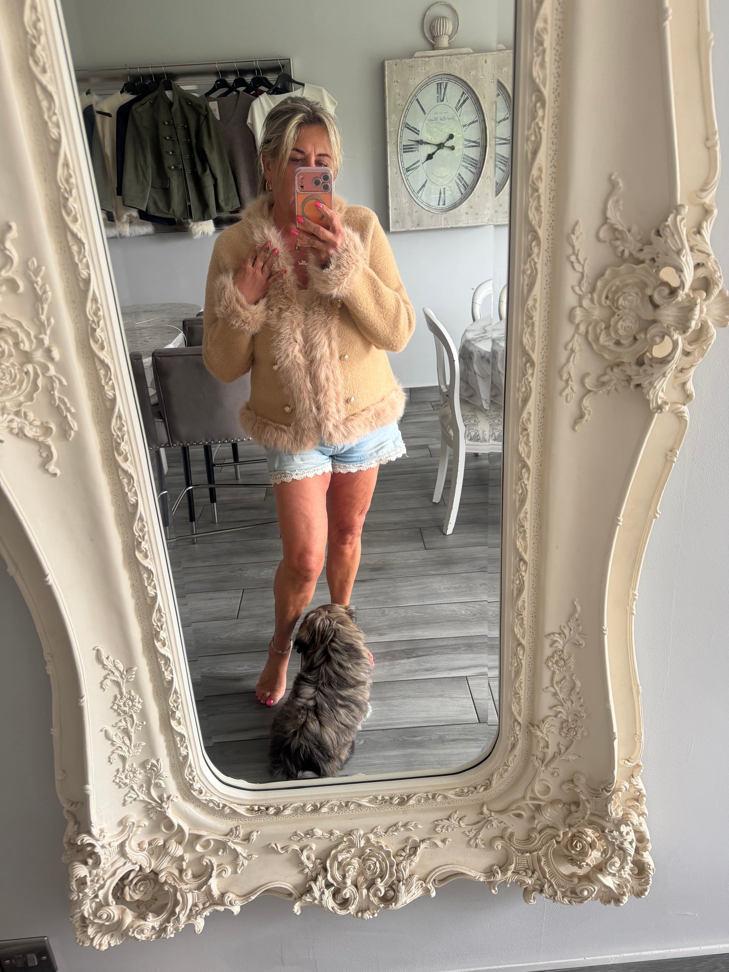 Lulu faux fur trim cardi/jacket with gold buttons and hook & eye clasp closure