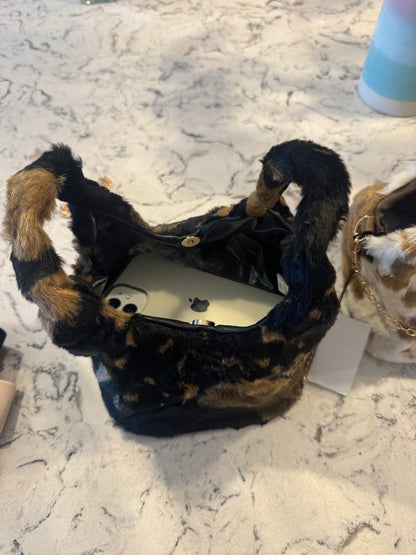 Dionne small flat faux fur bag with gold chain shoulder strap