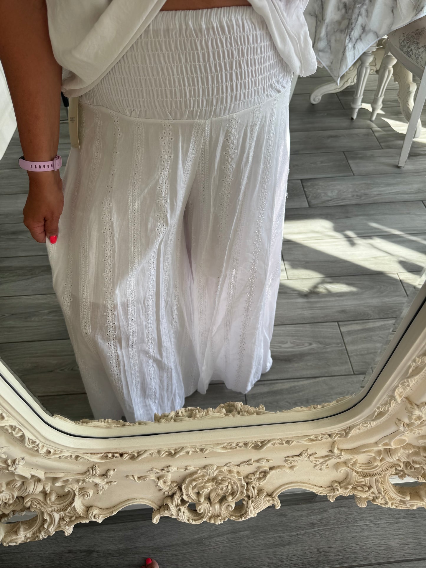 Sasha broderie anglaise wide leg Shirred waist trousers with built in shorts