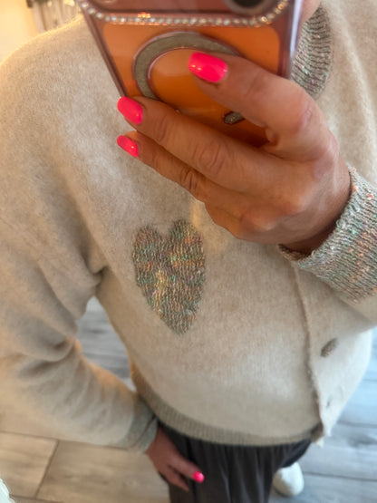 Georgia cardigan/jumper with multi coloured heart detail and trim