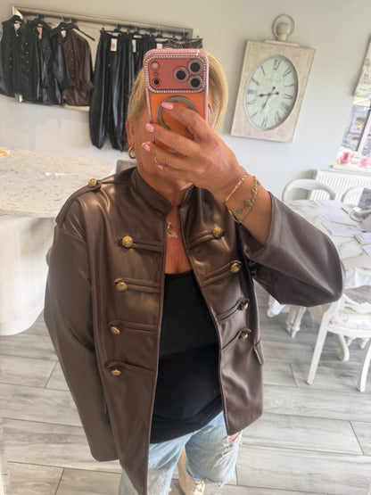 Suzie military style faux leather open jacket