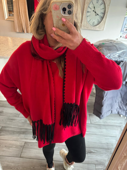 Josie red loose jumper with matching scarf with black detail on scarf