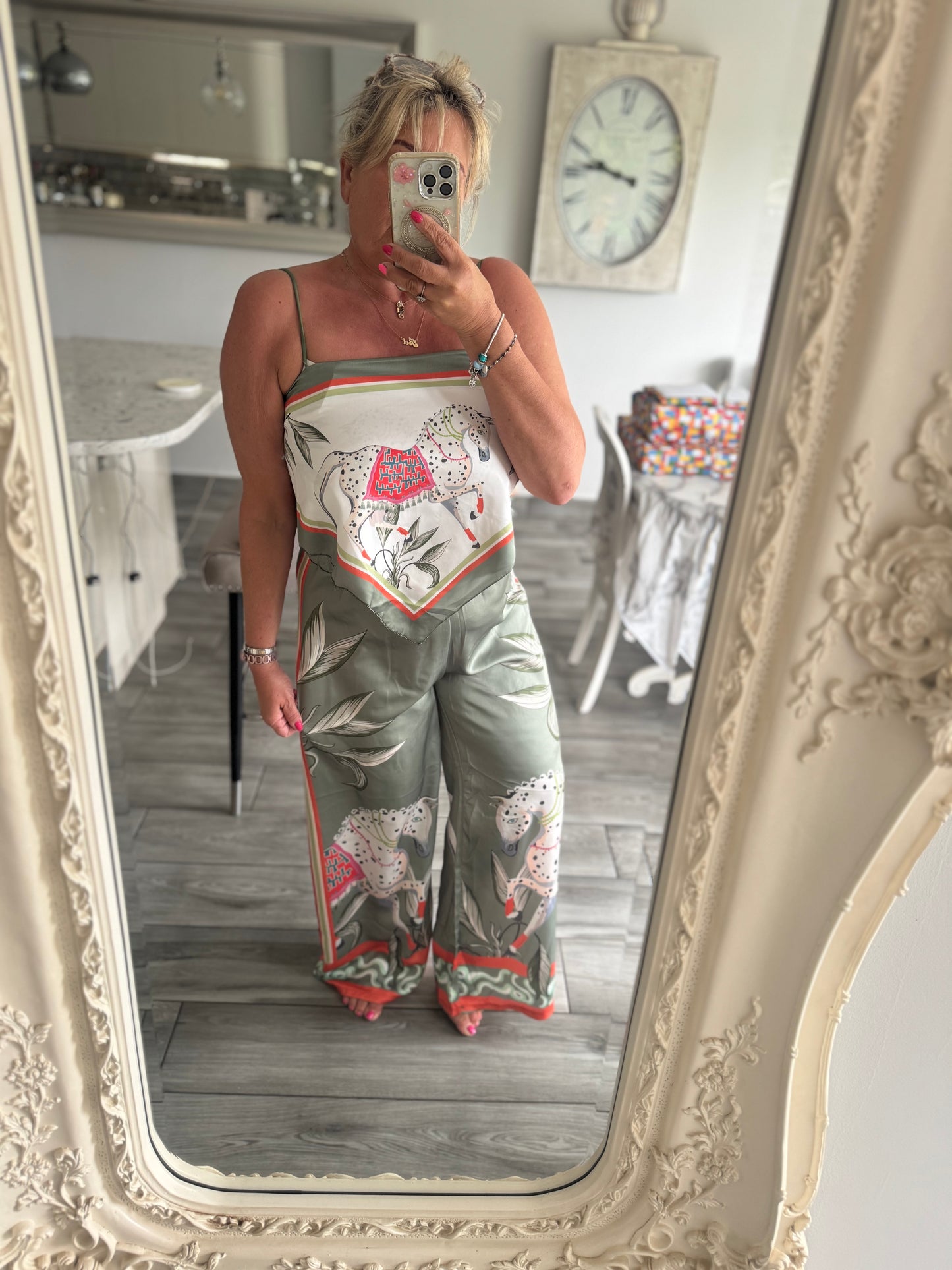 Marni satin horse print wide leg trouser with scarf top 2 piece set