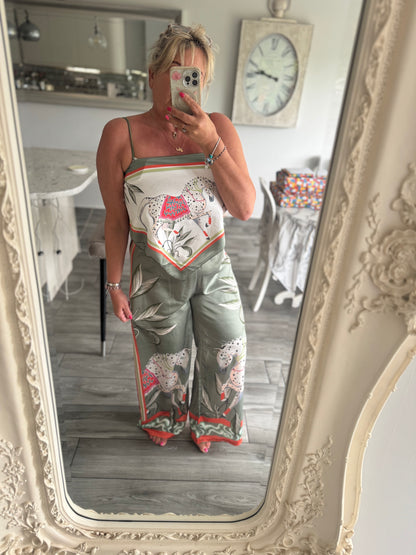 Marni satin horse print wide leg trouser with scarf top 2 piece set
