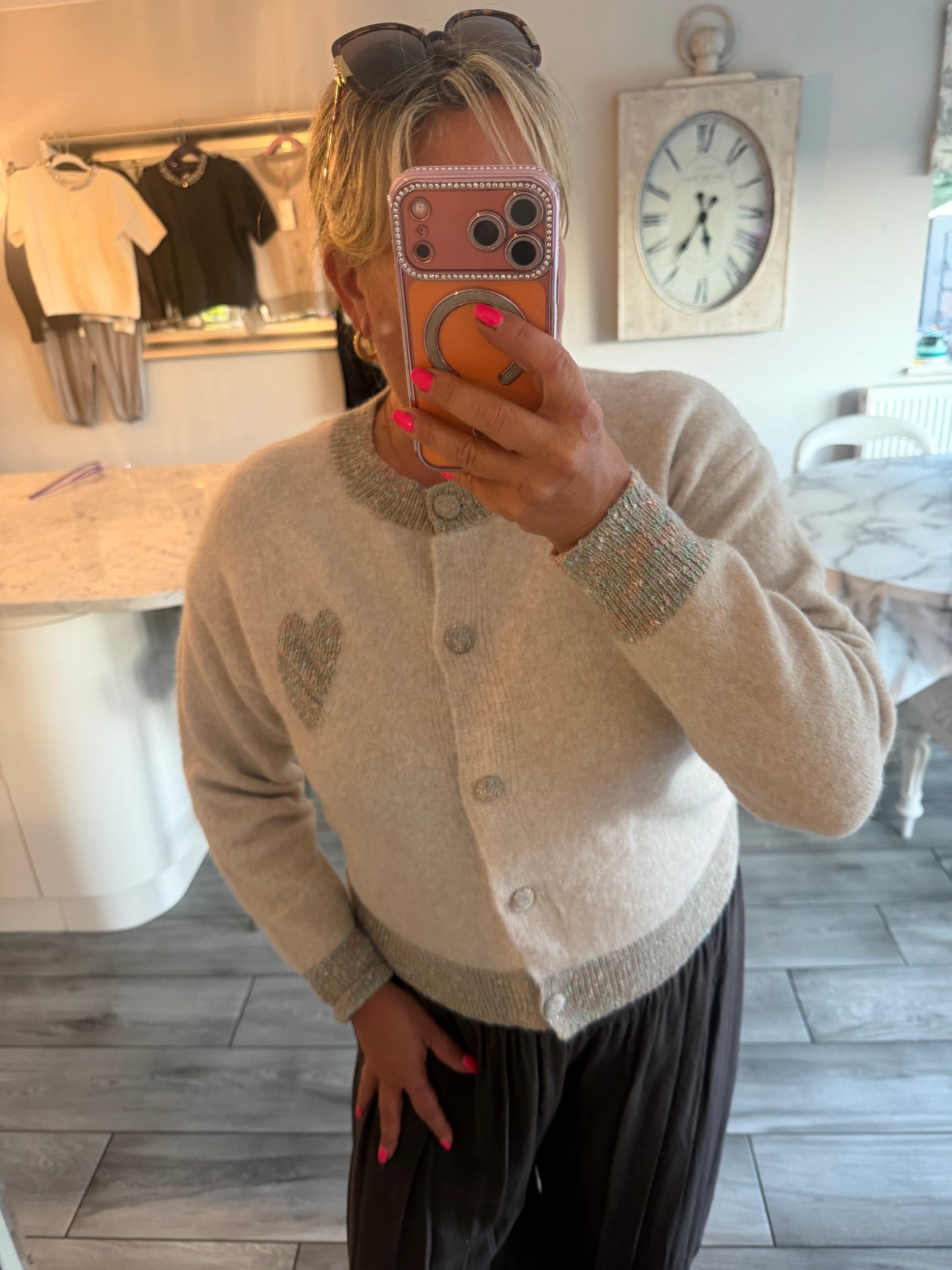 Georgia cardigan/jumper with multi coloured heart detail and trim