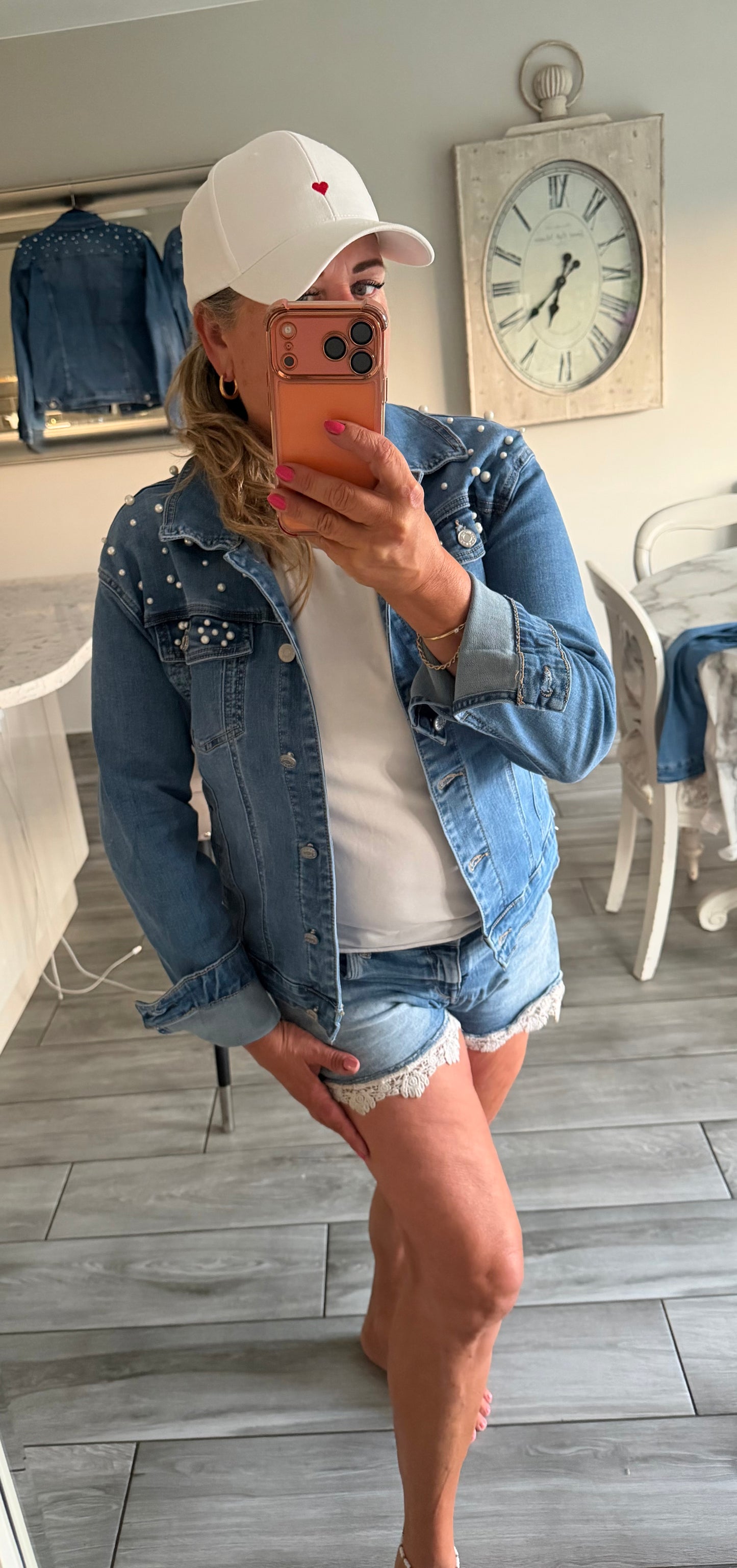 Mindy pearl detail stretch denim jacket