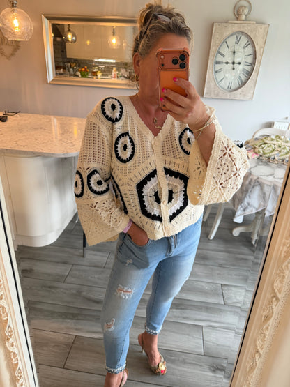 Carla wide sleeve crochet button through top/cardi 100% cotton