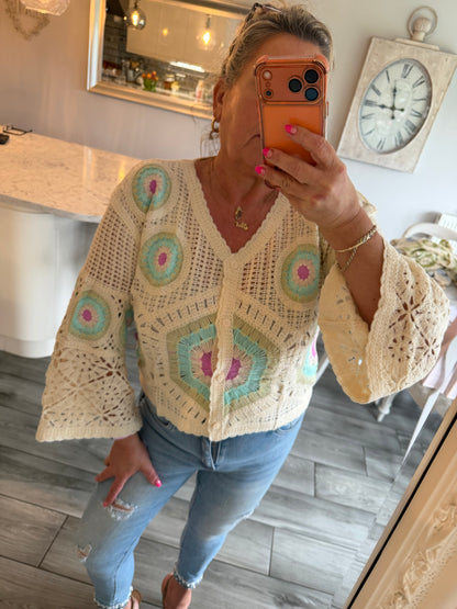 Carla wide sleeve crochet button through top/cardi 100% cotton