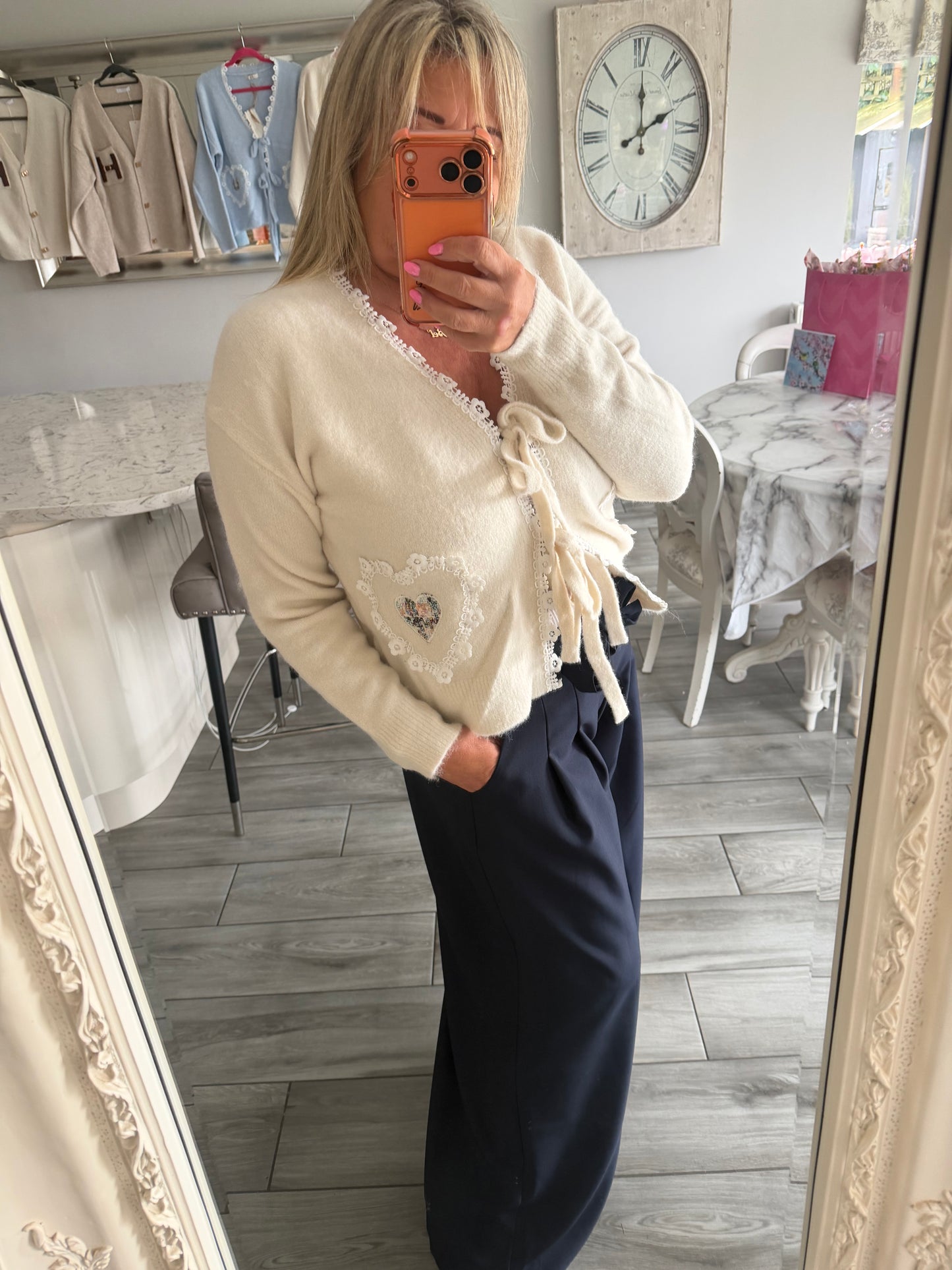Tilly cardigan with ties and lace detail trim