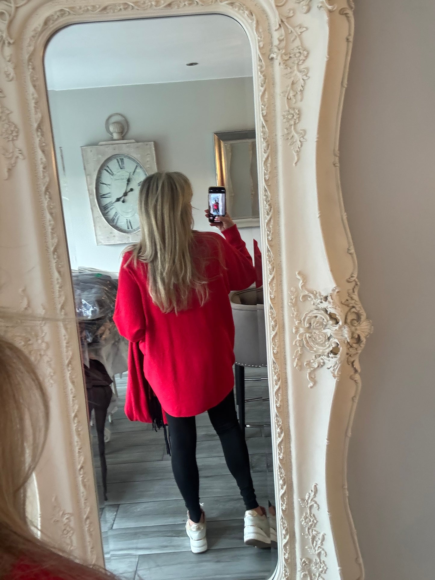 Josie red loose jumper with matching scarf with black detail on scarf