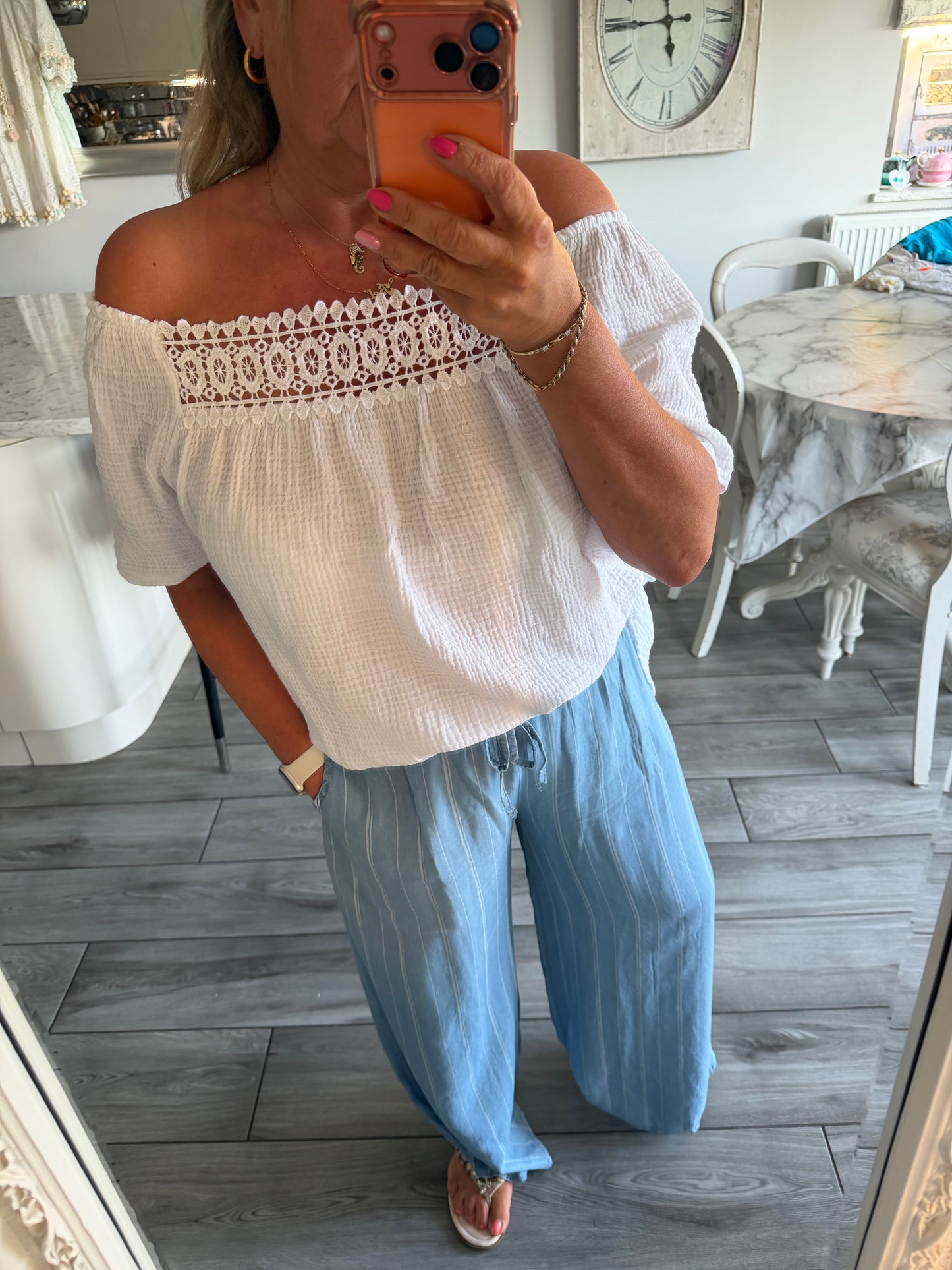 Monica cheesecloth lace detail top Bardot