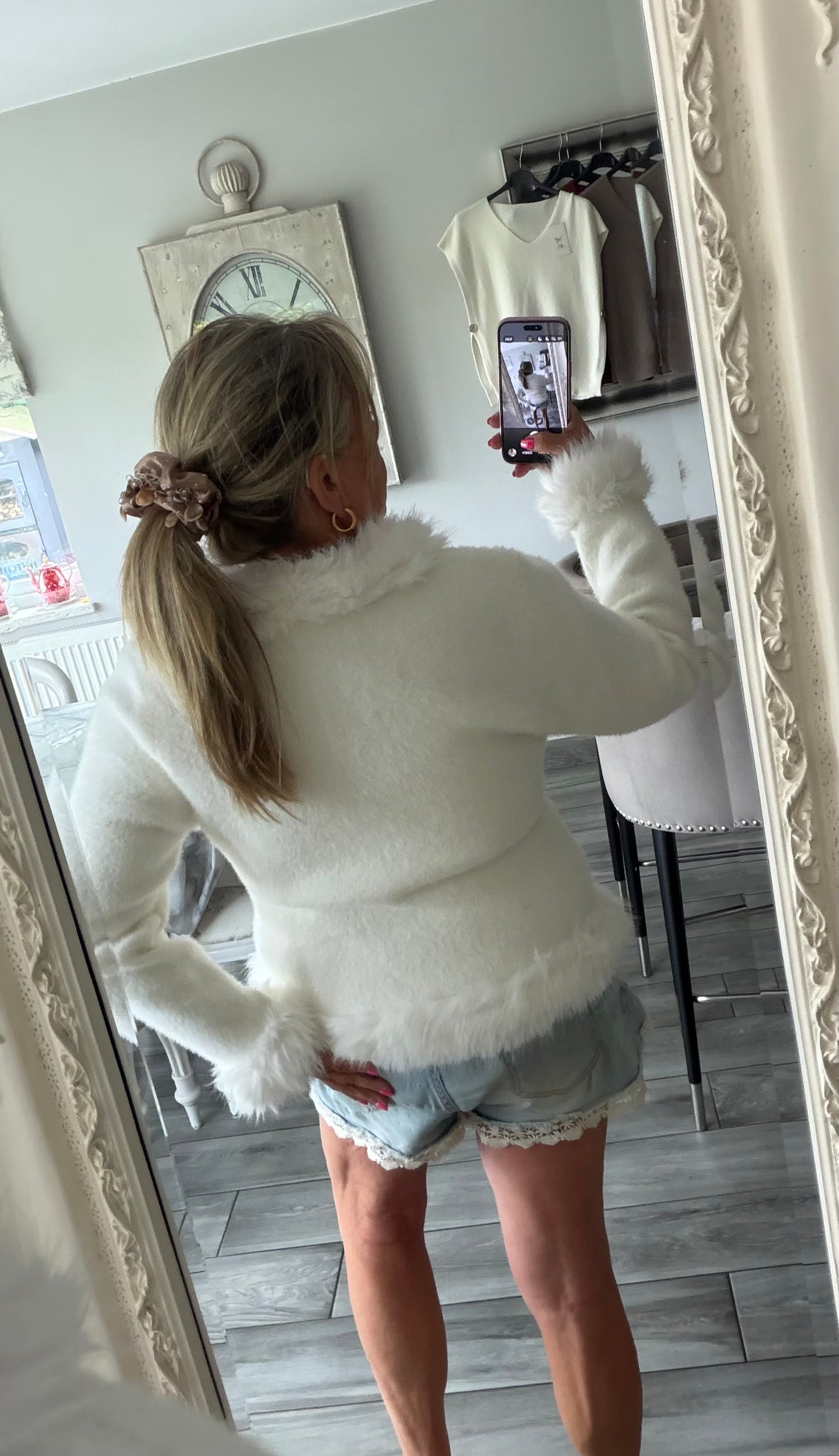 Lulu faux fur trim cardi/jacket with gold buttons and hook & eye clasp closure
