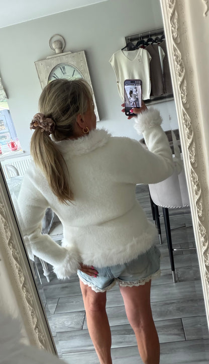 Lulu faux fur trim cardi/jacket with gold buttons and hook & eye clasp closure