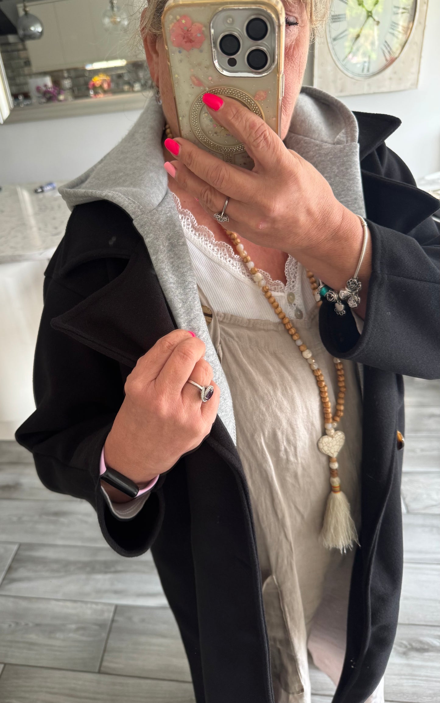 Julie lightweight coat with grey sweatshirt material hoodie