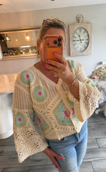 Carla wide sleeve crochet button through top/cardi 100% cotton
