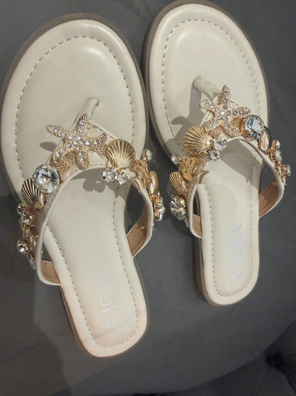 Madrid pretty flip flops gold embellish charms