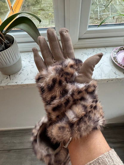 Angelina faux fur & suedette gloves leopard print