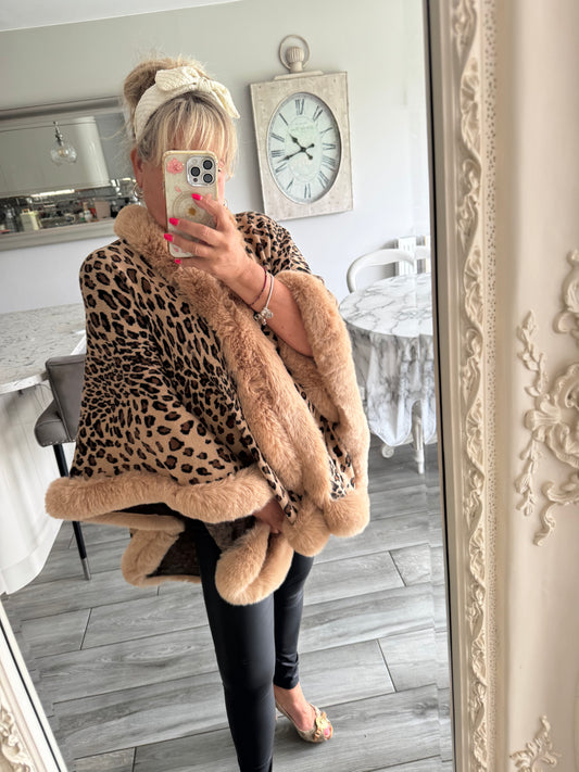Isla leopard print with soft faux fur trim poncho style cape with fastening