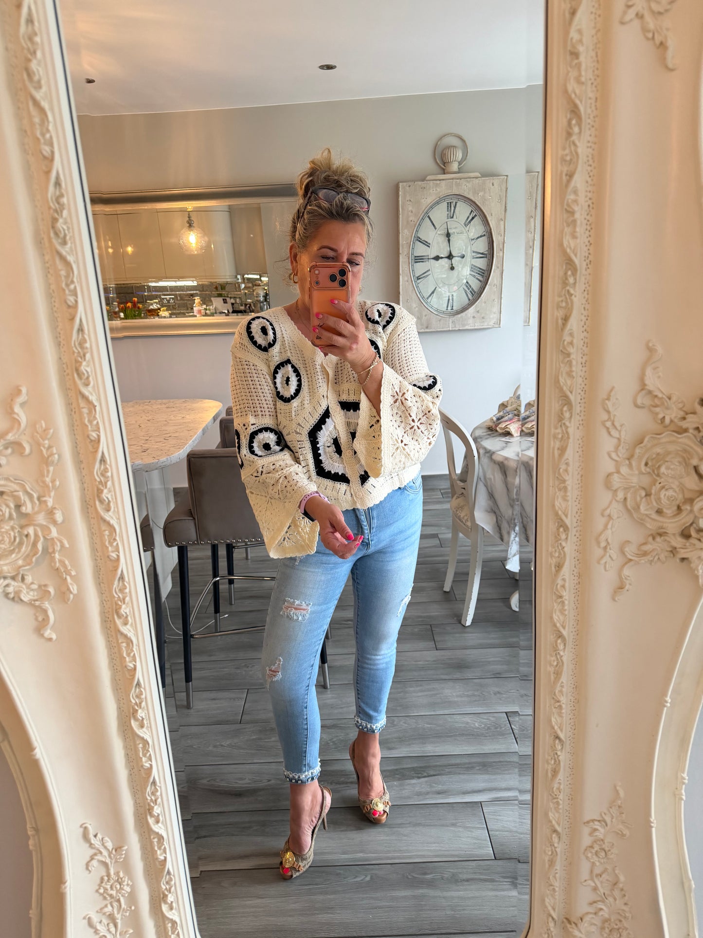 Carla wide sleeve crochet button through top/cardi 100% cotton