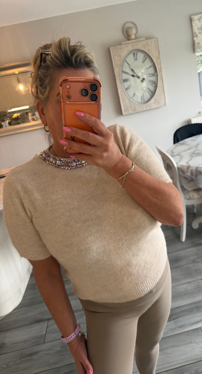 Lucia embellished stunning neck short sleeve short jumper