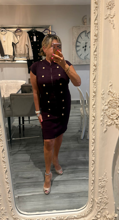 Cindy dress with full zip stretch military style gold button detail